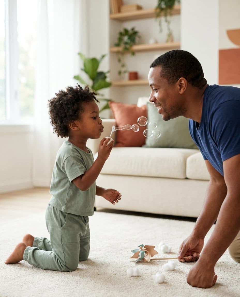 A dad and toddler blowing bubbles together (AI-generated illustration)
