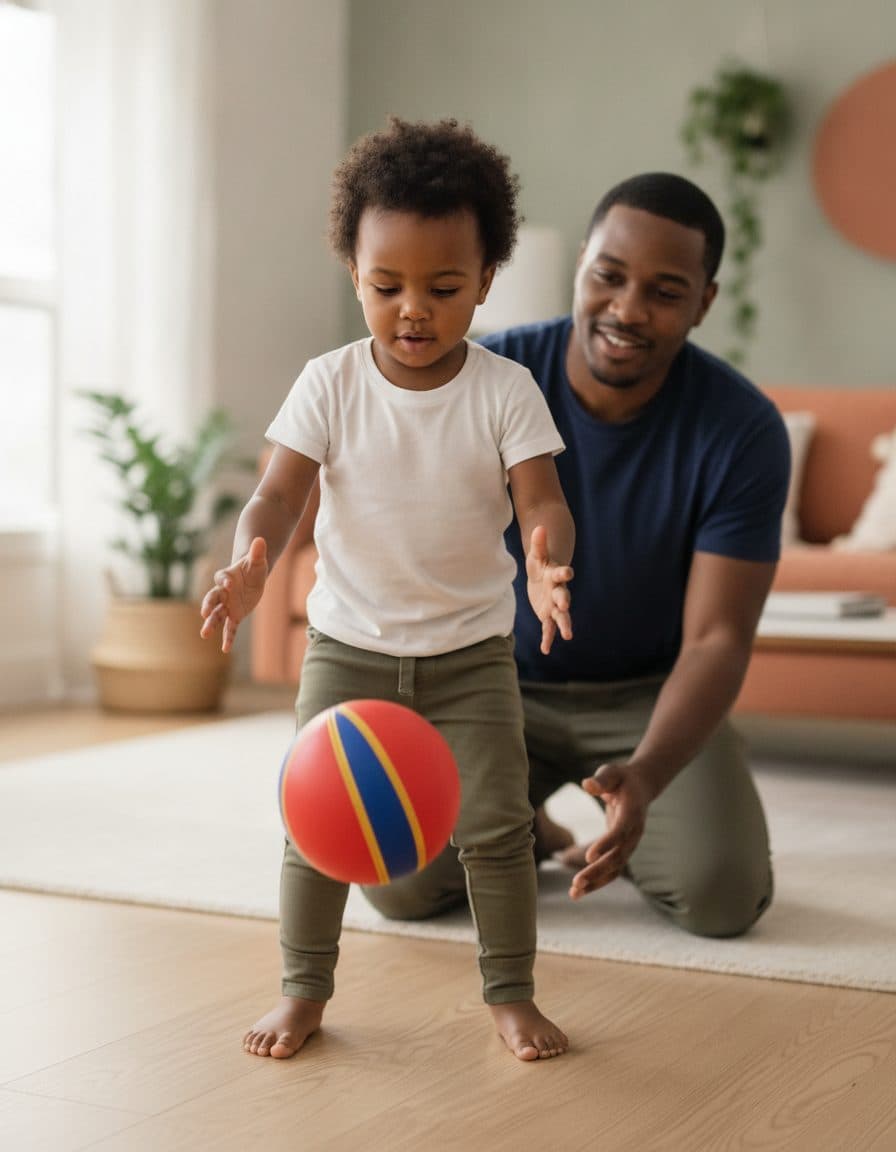 A dad and toddler playing bounce-and-catch with a ball (AI-generated illustration)