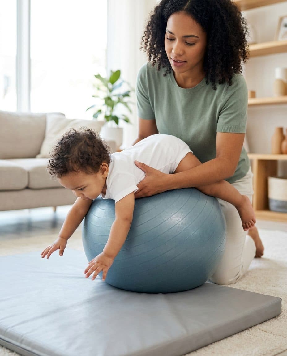 A caregiver supports a baby reaching forward over a therapy ball at home (AI-generated illustration)
